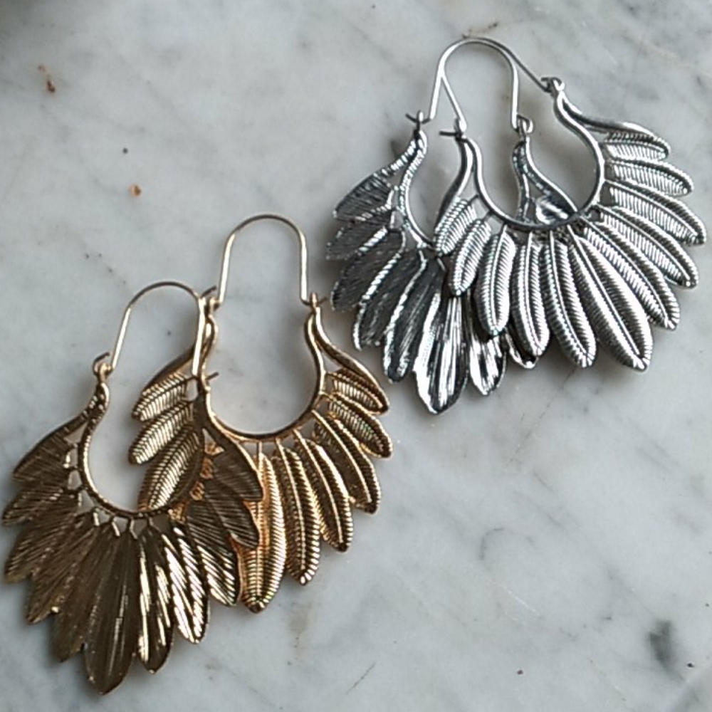 Feather Hoop Earrings Silver & Gold